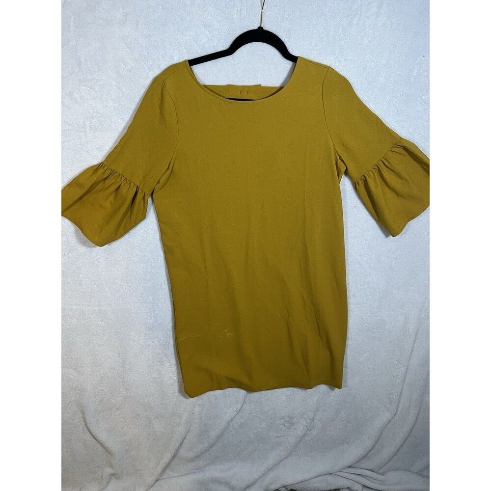 Fleur Bleve Sz 6 Mustard Mini Shift Dress Bow Detail Bell Sleeve Knee Length